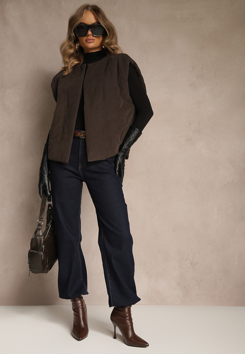 Brązowa Sztruksowa Kamizelka z Bawełny Bez Zapięć Tisanna