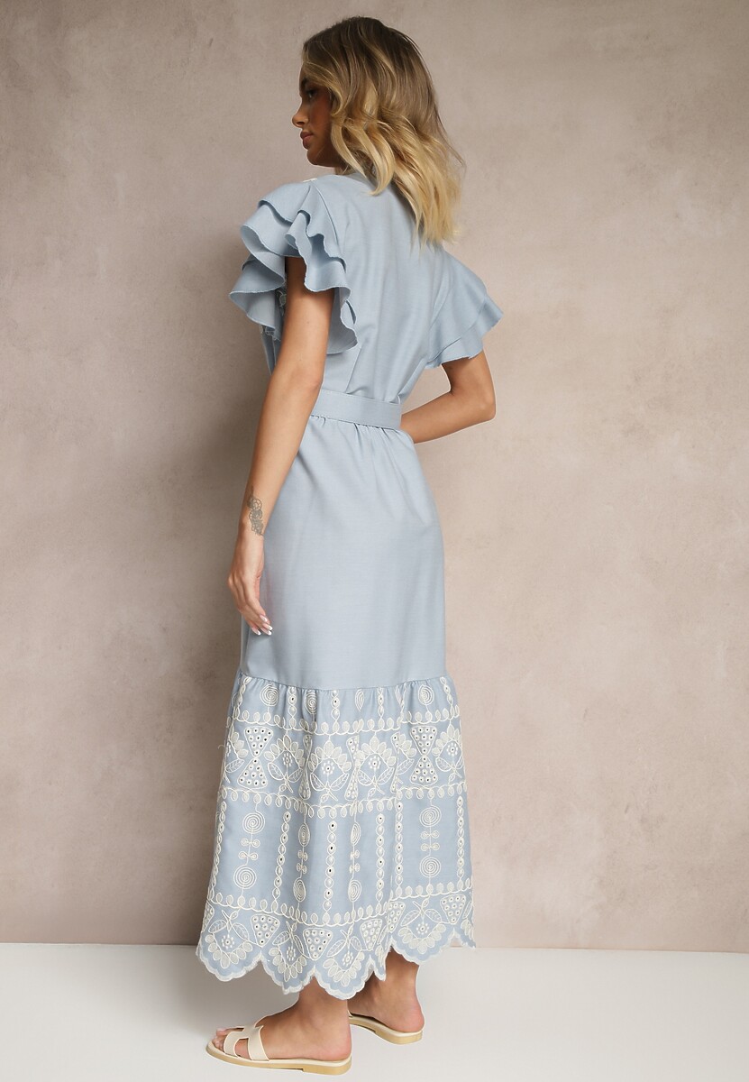 Niebieska Rozkloszowana Sukienka w Stylu Boho z Paskiem Zdobiona Haftem Falbanami Vallsara
