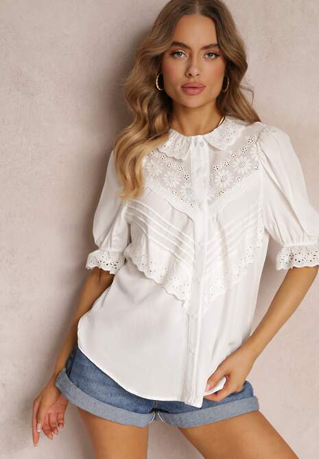 Biała Koszula z Haftowanym Kołnierzem i Rękawem z Gumką Prescotta