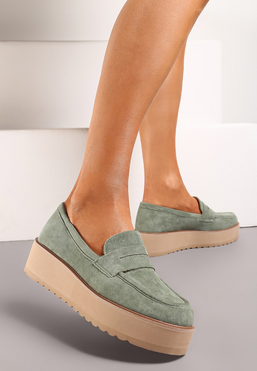 Ciemnobeżowe Półbuty w Stylu Mokasynów z Imitacji Zamszu na Platformie Vhisper