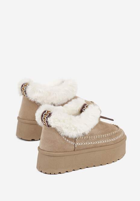 Ciemnobeżowe Śniegowce na Platformie Ozdobione Futerkiem i Przeszyciami Linerva