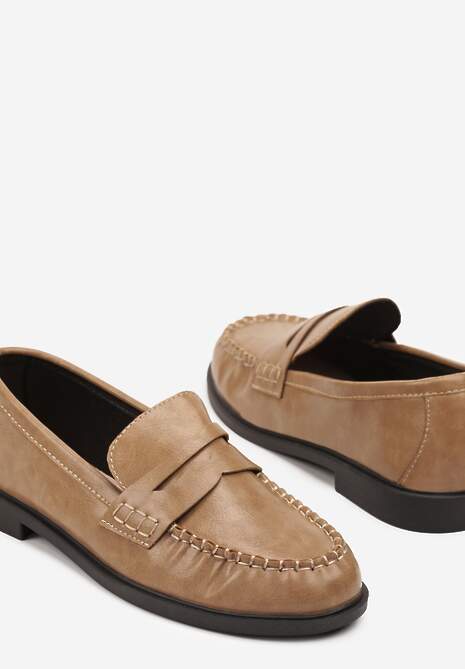 Ciemnobeżowe Mokasyny Vices z Marszczeniem i Wkładką ze Skóry Naturalnej Mestia