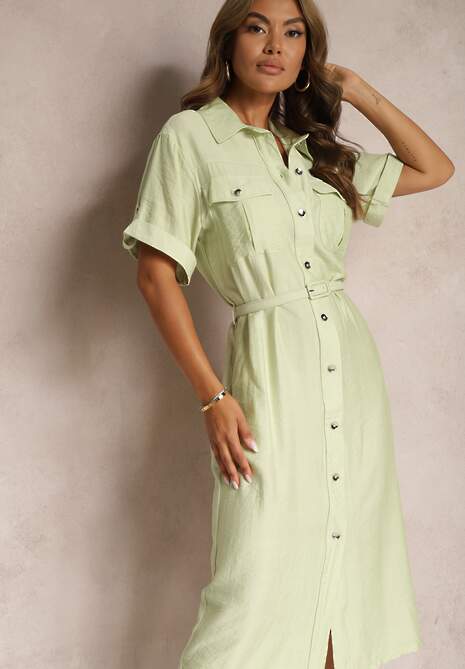 Zielona Sukienka z Wiskozy o Kroju Koszulowym Ozdobiona Paskiem Nelsines