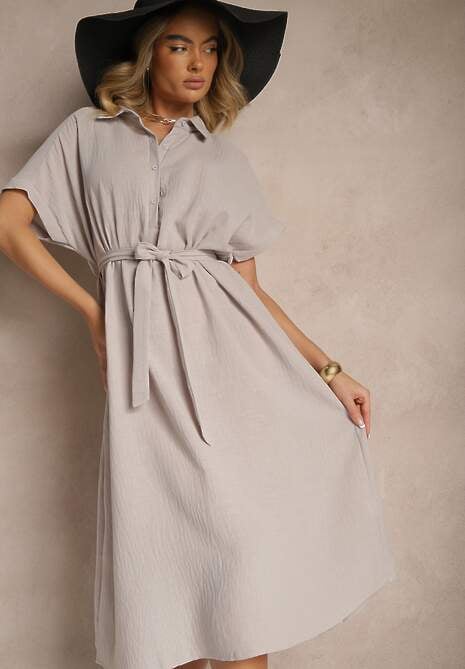 Jasnoszara Wiskozowa Sukienka Koszulowa z Wiązanym Paskiem w Talii Vanisti