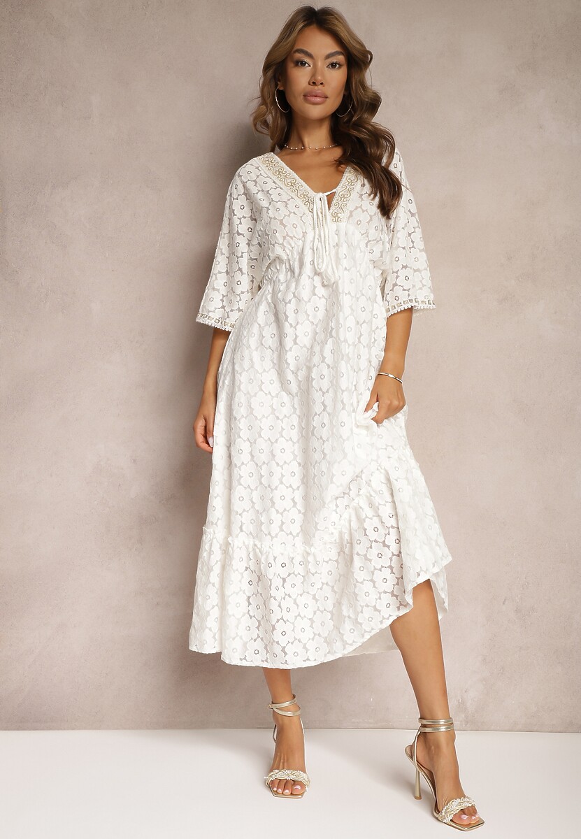 Biała Sukienka z Koronką i Dodatkiem Bawełny Wykończona Wiązaniem i Gumką w Talii Jasevia