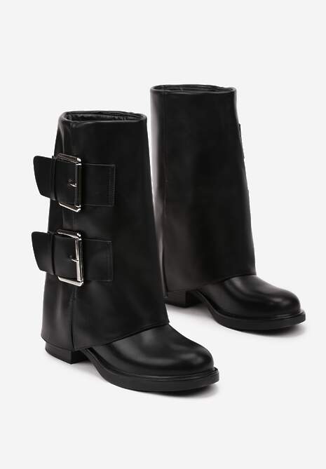 Czarne Botki z Cholewką Imitującą Nogawkę Ozdobione Klamrami Asintana