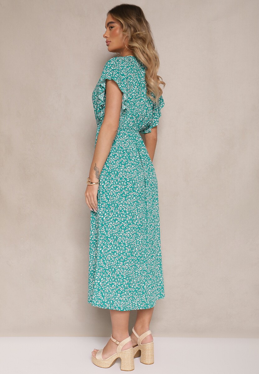 Zielona Rozkloszowana Sukienka z Bawełny z Gumką w Pasie w Drobne Kwiaty Pulinea