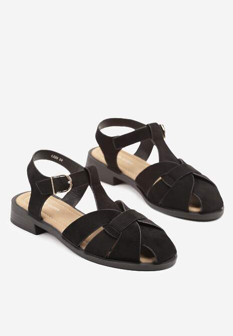 Czarne Sandały z Ekozamszu z Ozdobnymi Paskami i Zakrytym Noskiem Sorania