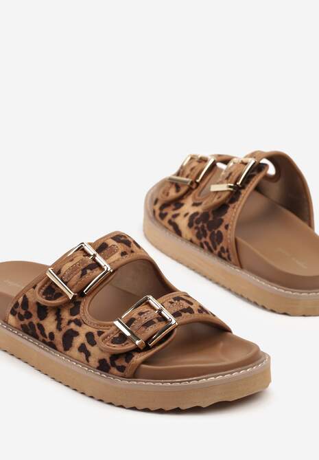 Brązowe Panterkowe Casualowe Klapki z Paskami ze Sprzączkami Palamara