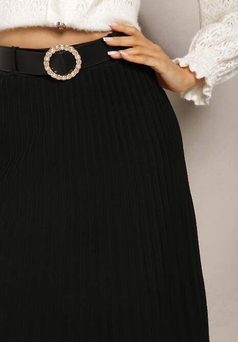 Czarna Midi Plisowana Spódnica z Gumką w Pasie i Paskiem z Ekoskóry Juara