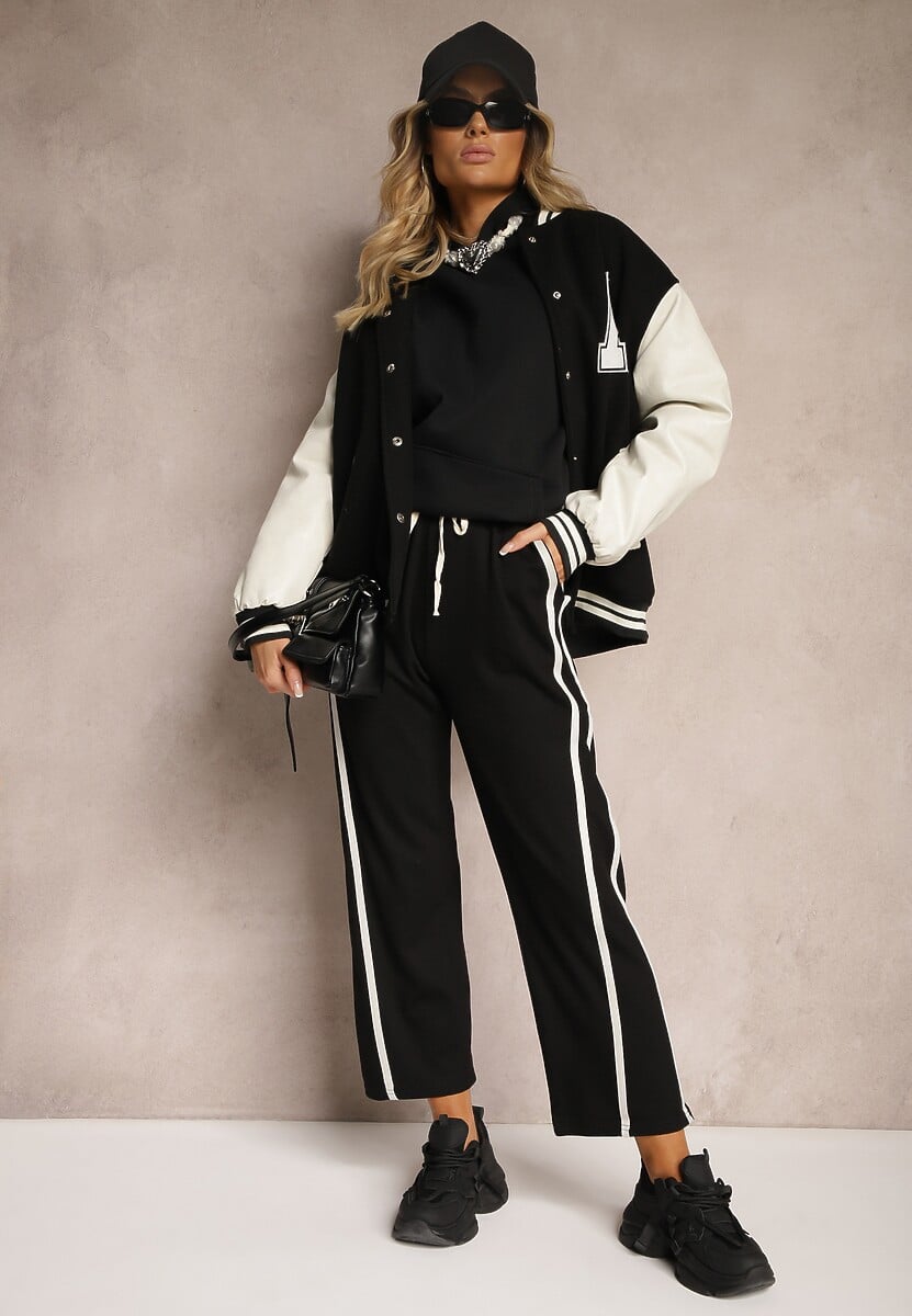 Czarne Spodnie z Wiskozą High Waist o Szerokim Kroju Ozdobione Lamówką Lulora