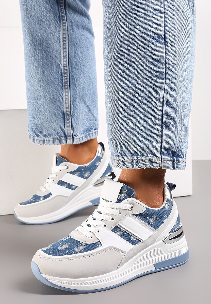 Niebieskie Sneakersy z Cekinami i Brokatem na Grubej Podeszwie Mabirra