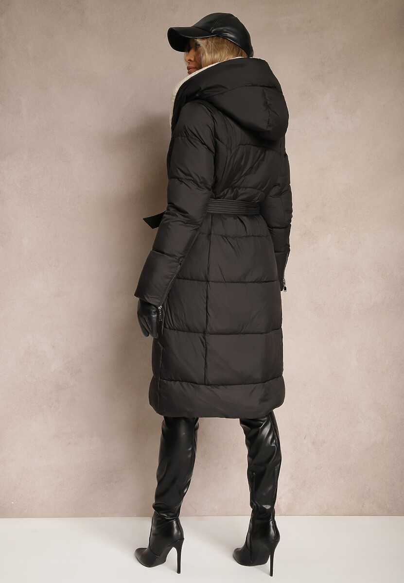 Czarna Długa Kurtka Pikowana z Kapturem Wiązana w Pasie Neanethra