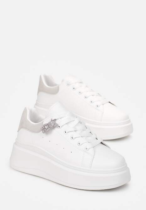 Biało-Szare Sznurowane Sneakersy na Platformie z Aplikacją przy Sznurówkach Khirlie