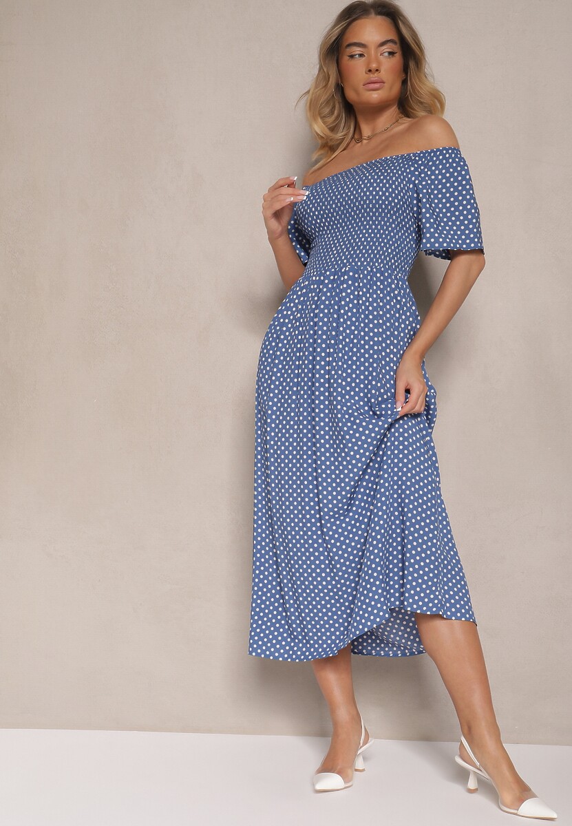 Niebieska Bawełniana Sukienka o Rozkloszowanym Kroju Zdobiona Printem w Groszki Lisanovia