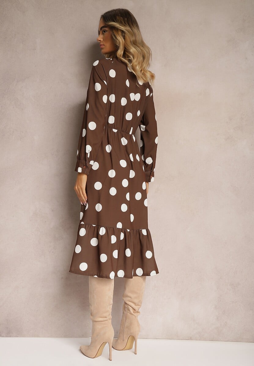 Brązowa Sukienka w Kropki o Rozkloszowanym Kroju z Wiązaniem przy Szyi Xelvira