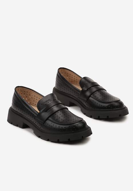 Czarne Płaskie Mokasyny z Ekoskóry o Ażurowym Wykończeniu Cevora
