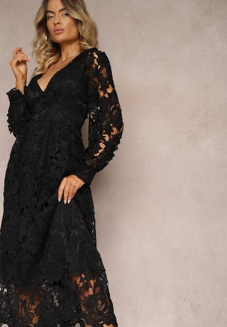 Czarna Rozkloszowana Sukienka Retro z Ażurowej Koronki Meliris