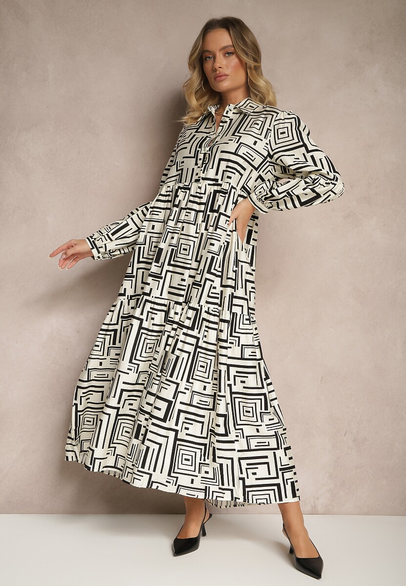 Czarna Rozkloszowana Sukienka z Wiskozą w Geometryczny Print Apirestia