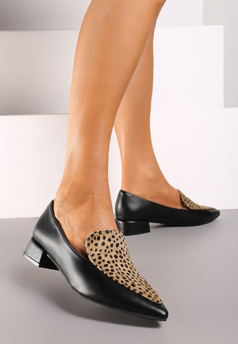 Czarno-Beżowe Półbuty Typu Loafersy ze Szpiczastym Noskiem na Niskim Słupku Tillea