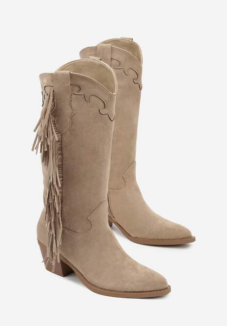 Ciemnobeżowe Kozaki Kowbojki na Stożku Ozdobione Frędzlami Reianeva