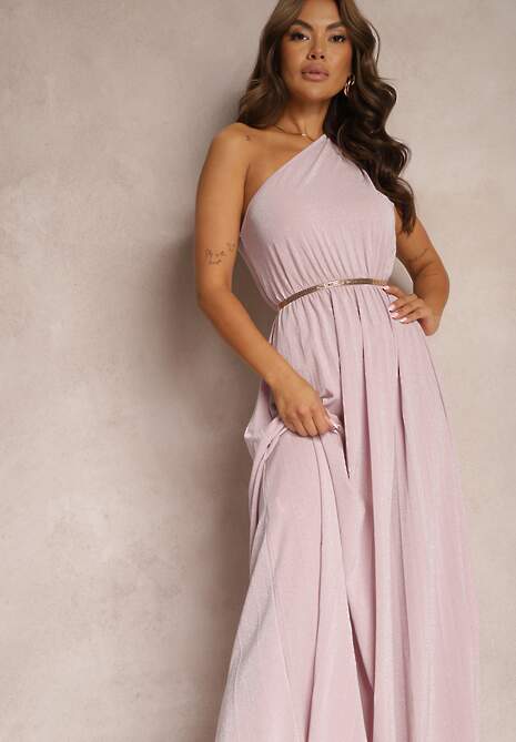 Różowa Plisowana Sukienka na Jedno Ramię z Gumką w Pasie Nansah