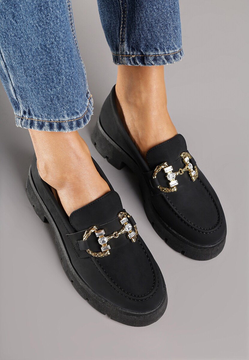 Czarne Mokasyny z Grubą Podeszwą w Kolorze Cholewki z Klamrą Rosarose