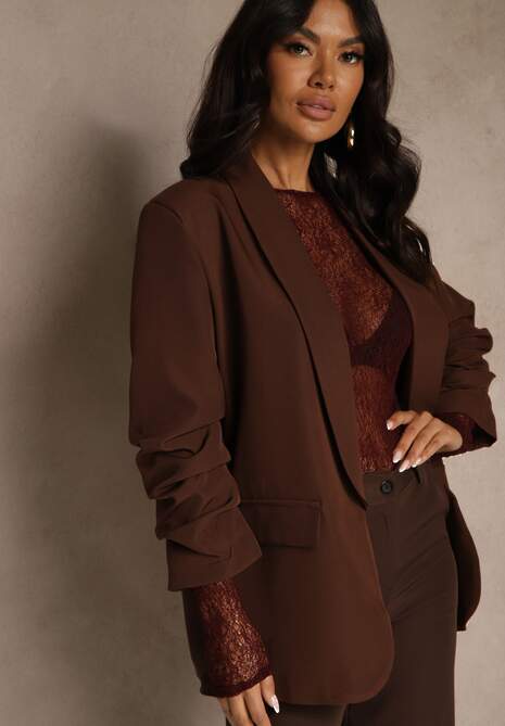 Jasnobrązowa Pudełkowa Marynarka Bez Zapięć z Wiskozą z Marszczonymi Rękawami Fenidia