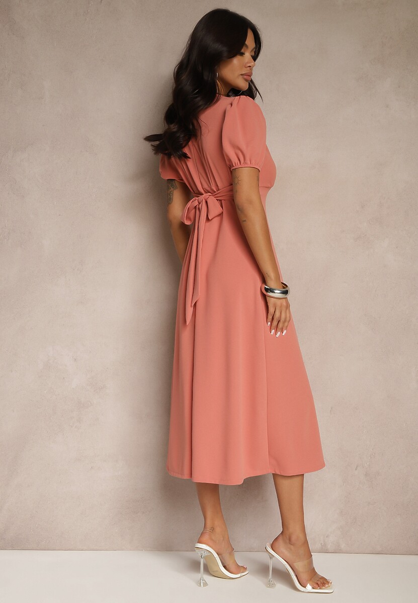 Pomarańczowa Rozkloszowana Sukienka Koktajlowa Ozdobiona Wiązaniem Ziverine