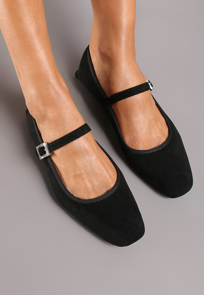 Czarne Balerinki z Imitacji Zamszu z Kwadratowym Noskiem i Zapięciem na Sprzączkę Ivaleria