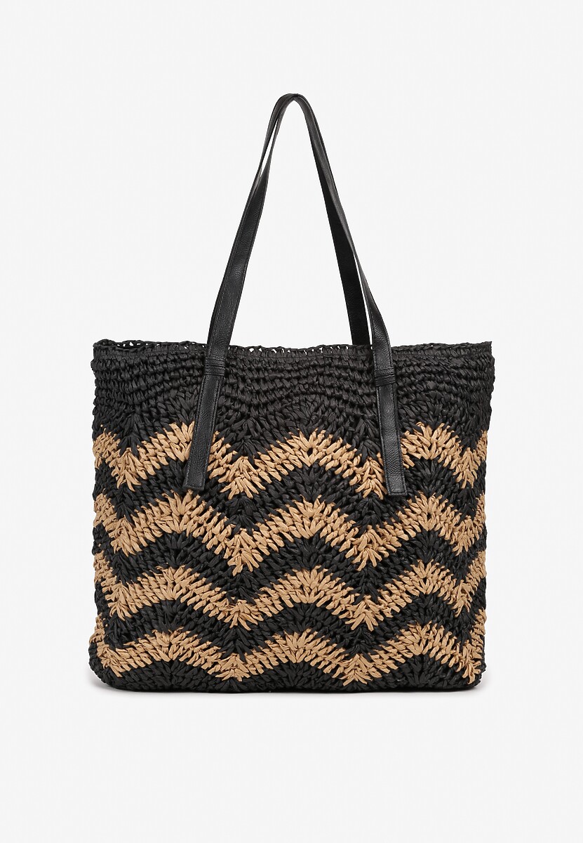 Czarno-Beżowa Torebka na Rączkach w Stylu Boho i Plecionki Torpia
