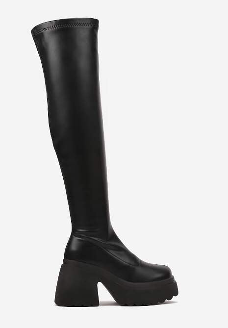 Czarne Kozaki na Platformie i Słupku z Dopasowaną Cholewką za Kolano Geniefra