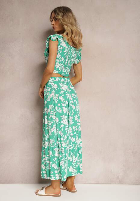 Zielony Wiskozowy Komplet w Kwiatki z Bluzką i Rozkloszowaną Spódnicą Pienara