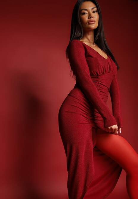 Bordowa Sukienka z Wiskozą o Dopasowanym Kroju z Metaliczną Nitką i Marszczeniem Temalite