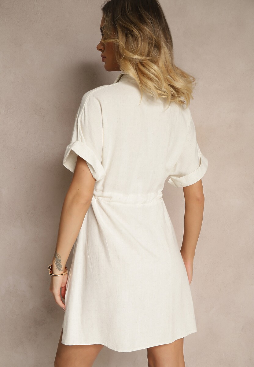 Beżowa Koszulowa Sukienka z Bawełny Ozdobiona Sznurkiem i Haftami Ronara