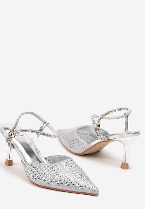 Srebrne Sandały Slingback na Szpilce ze Szpiczastym Noskiem z Cyrkoniami Dimena