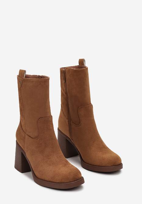 Brązowe Botki z Ekozamszu na Słupku Stylizowanym na Drewnianym Lavissa