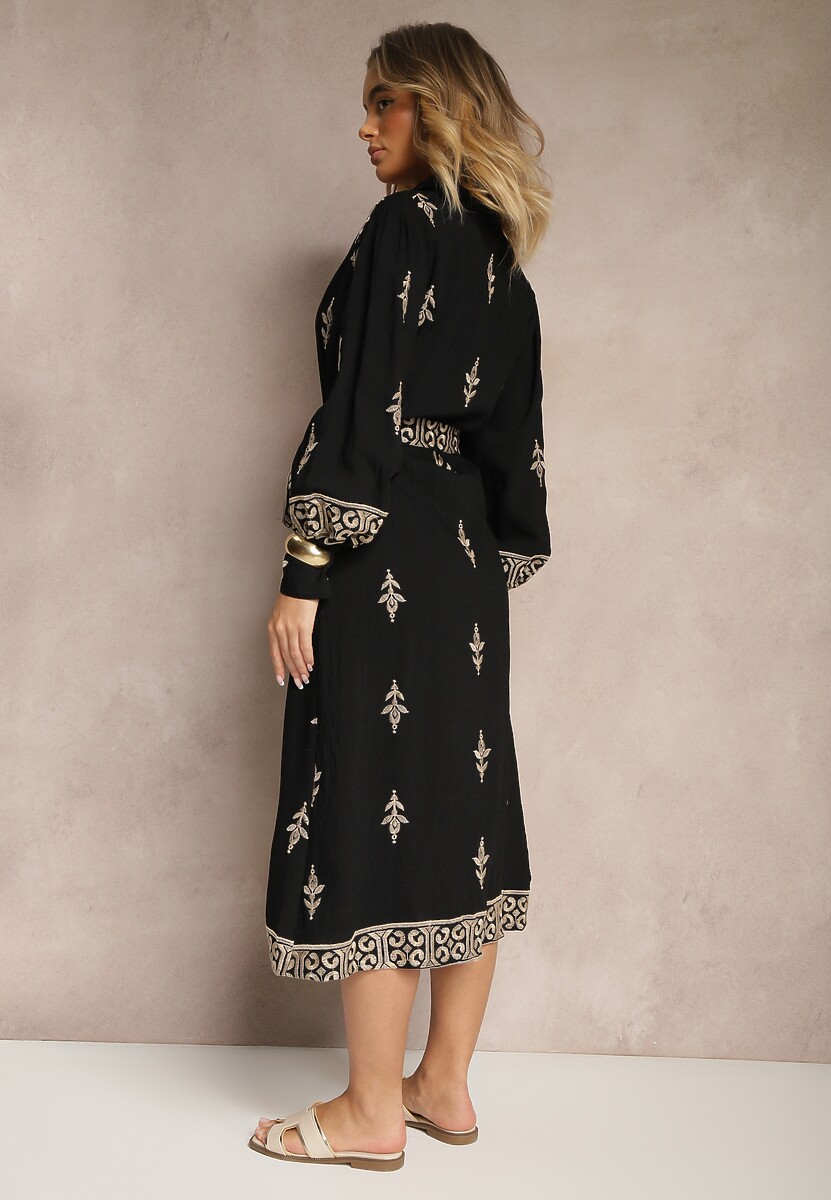 Czarna Koszulowa Sukienka w Stylu Szmizjerki z Wiskozy Wiązana w Talii Telaniwena