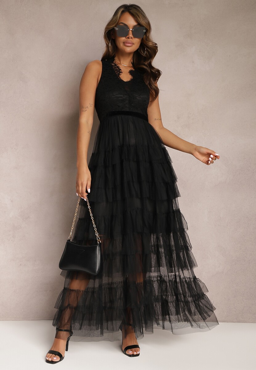 Biała Wieczorowa Sukienka Maxi Ozdobiona Koronką i Falbanami Fariel