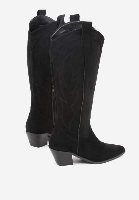 Czarne Haftowane Kozaki Kowbojki na Stożkowym Obcasie Galianna