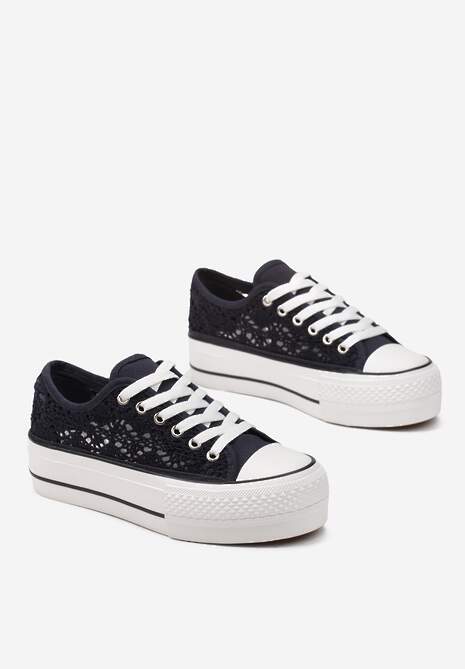 Granatowe Ażurowe Trampki przed Kostkę na Platformie Polsana