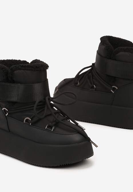 Czarne Śniegowce na Wysokiej Platformie z Futerkiem i Zapięciem na Rzep Norielia