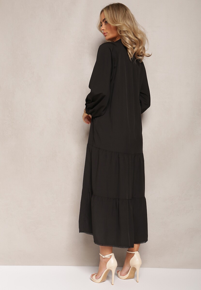 Czarna Midi Sukienka o Trapezowym Kroju z Ozdobnymi Haftami w Stylu Boho Tactila