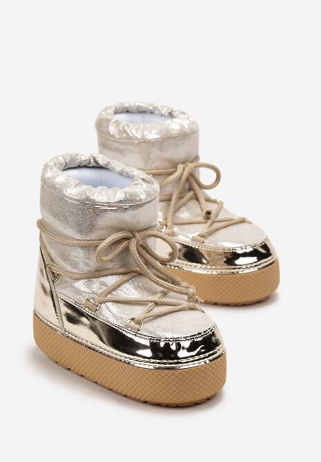 Złote Śniegowce na Grubej Podeszwie ze Ściąganą Cholewką i Sznurowaniem Betulia