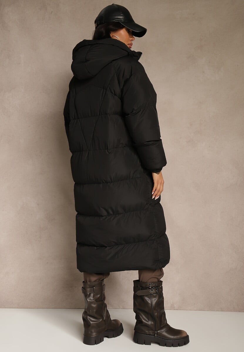 Czarna Długa Kurtka Pikowana z Kapturem Serea
