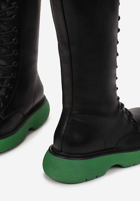 Czarno-Zielone Kozaki Sznurowane na Grubej Podeszwie Zolmi