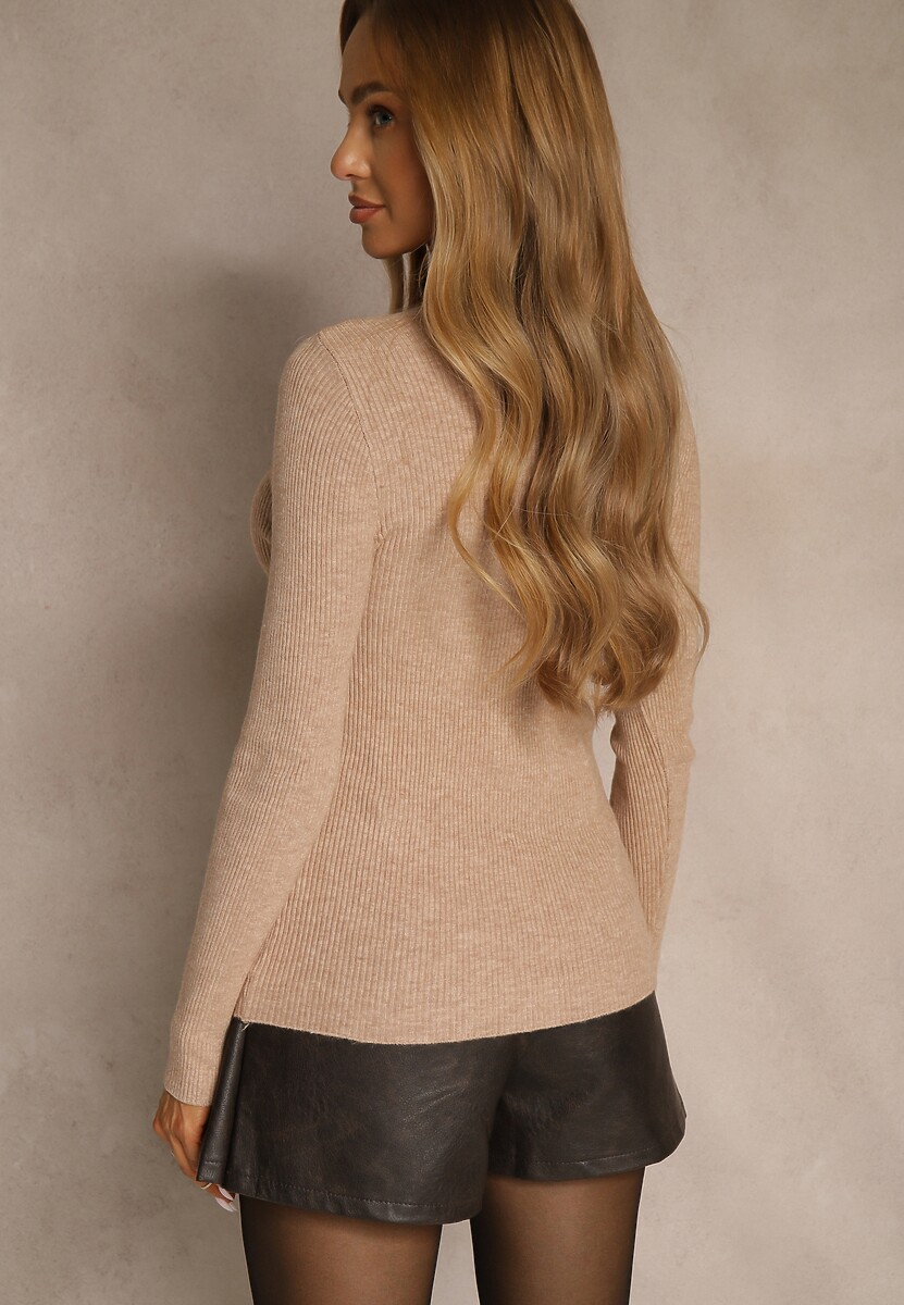 Ciemnobeżowy Sweter z Bawełną z Prążkowanej Dzianiny Reisaria