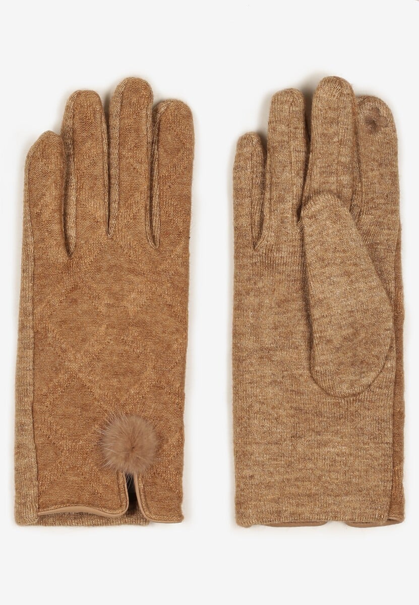 Brązowe Rękawiczki z Bawełną Ozdobione Pomponem i Rozcięciem Zinnaletha