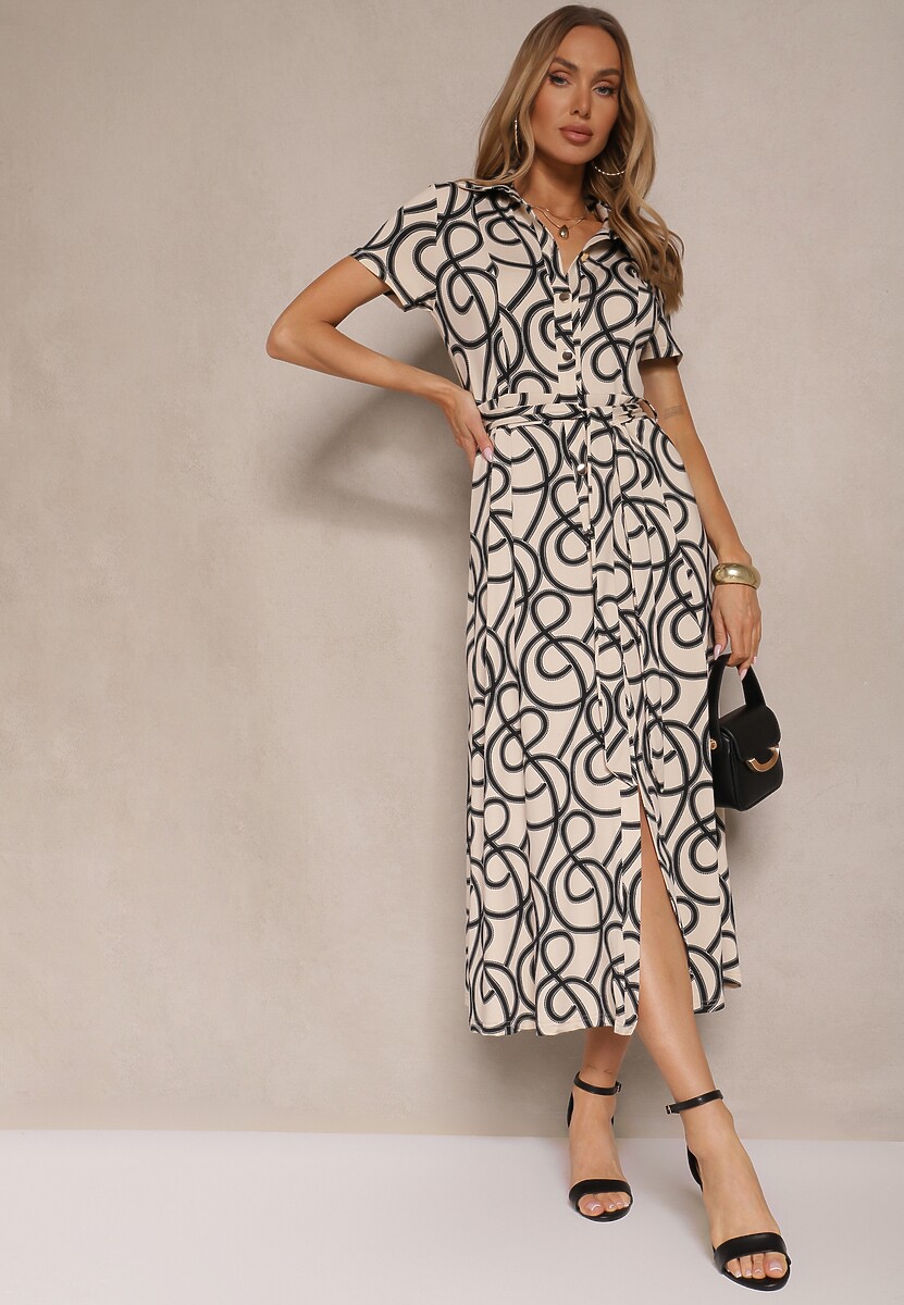 Czarno-Beżowa Sukienka z Wiskozą o Koszulowym Kroju z Geometrycznym Wzorem Saravione