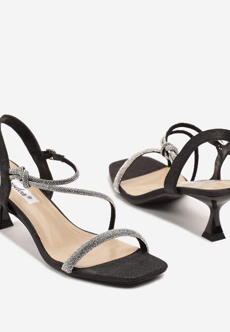 Czarne Sandały na Ozdobnym Obcasie z Cyrkoniami na Paseczkach Emkio